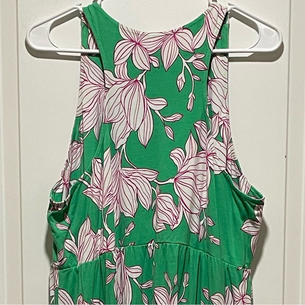 CAbi Weekend Dress #6217 Sz Large Green Tiered Midi Tank Dress Pink White Floral - Picture 8 of 11